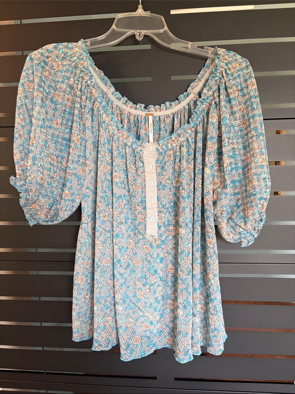 Free People Dusty Blue Floral Henley Peasant Top